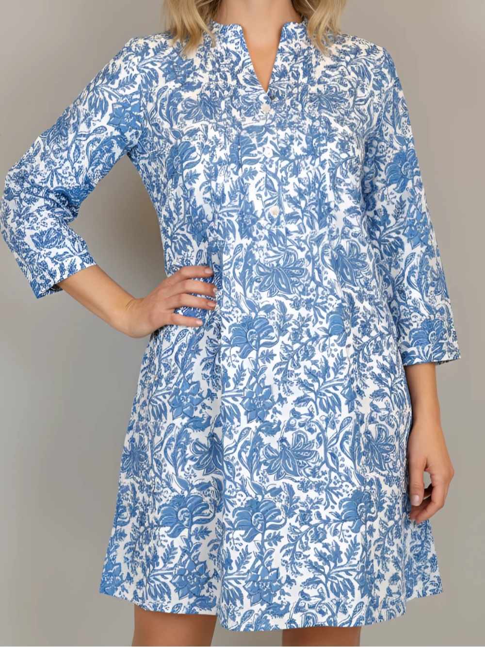 La Plage Maye Dress - Block Print White and Blue - Size Large